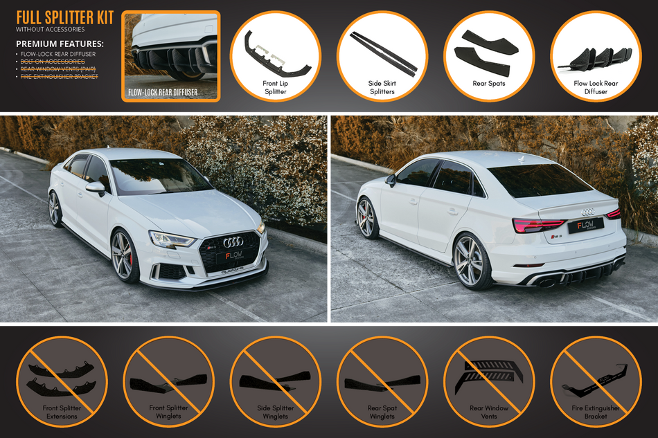 Flow Designs RS3 8V Sedan Facelift Full Lip Splitter Set