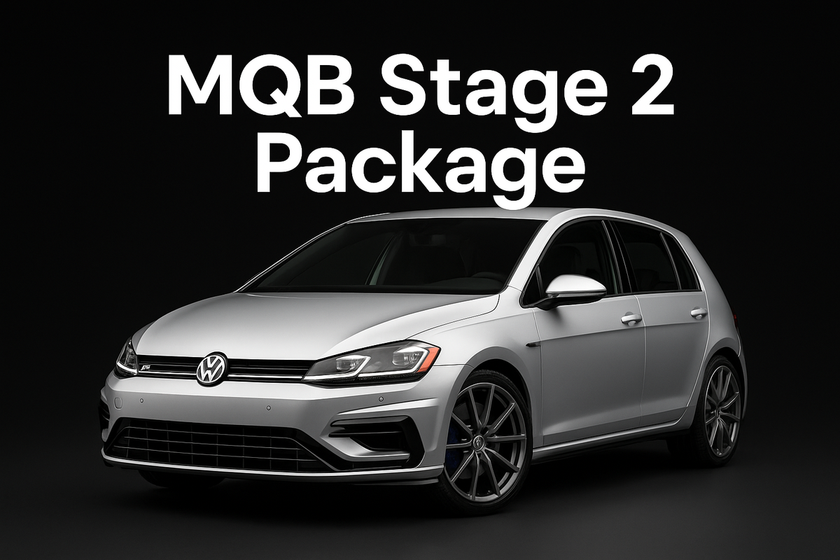 create a product image for a mk7.5 golf r on a black background with the text: MQB Stage 2 Package