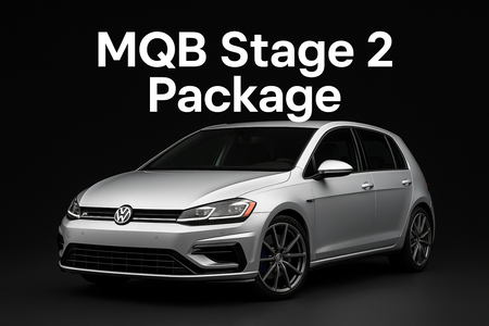 create a product image for a mk7.5 golf r on a black background with the text: MQB Stage 2 Package