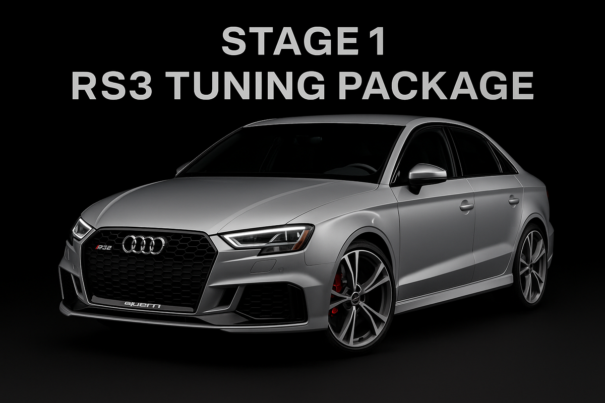 create a product image of a 2020 rs3 on a black background with the text: Stage 1 RS3 Tuning Package