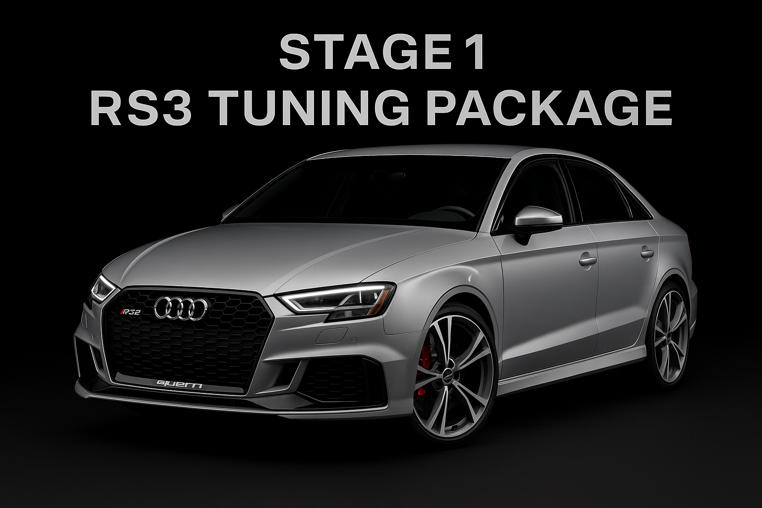 create a product image of a 2020 rs3 on a black background with the text: Stage 1 RS3 Tuning Package