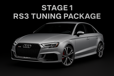 create a product image of a 2020 rs3 on a black background with the text: Stage 1 RS3 Tuning Package