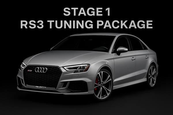 create a product image of a 2020 rs3 on a black background with the text: Stage 1 RS3 Tuning Package