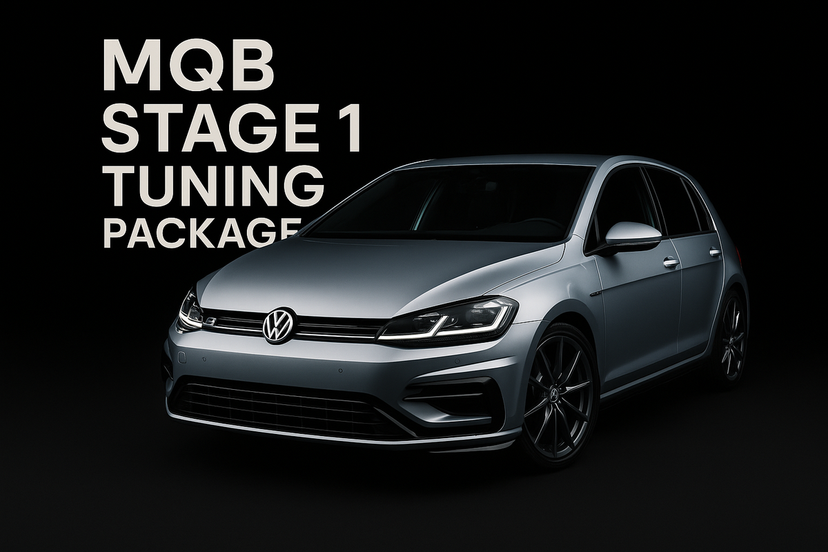 create a product image with a 7.5 golf r on a black background with the text: MQB Stage 1 Tuning Package