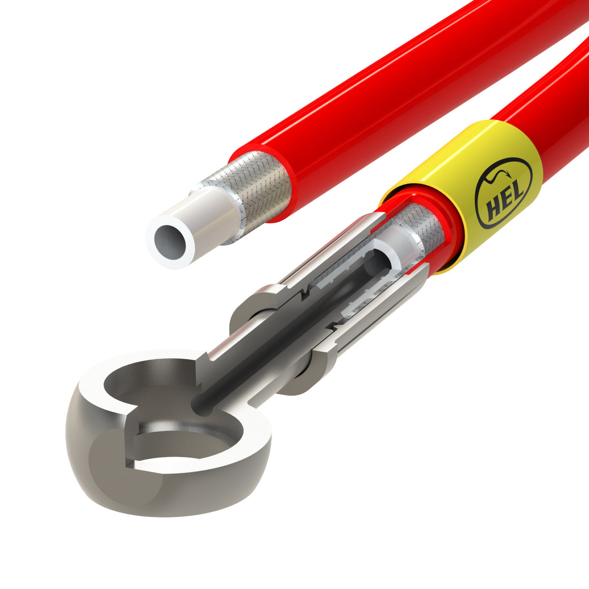 HEL braided brake line construction — PTFE core, stainless braid, PVC outer