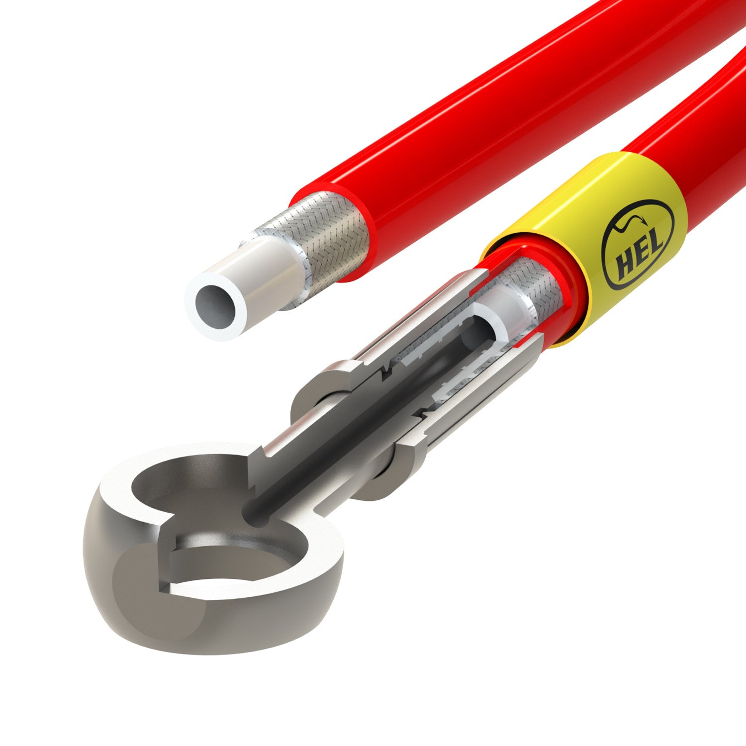 HEL braided brake line construction — PTFE core, stainless braid, PVC outer