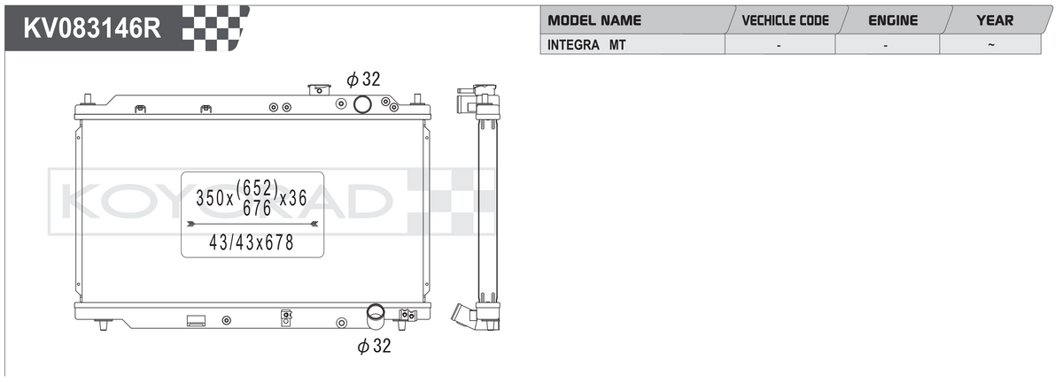 Koyorad KV083146R Performance Radiator - Honda Integra MT dimensions diagram