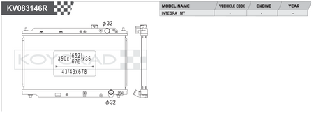 Koyorad KV083146R Performance Radiator - Honda Integra MT dimensions diagram