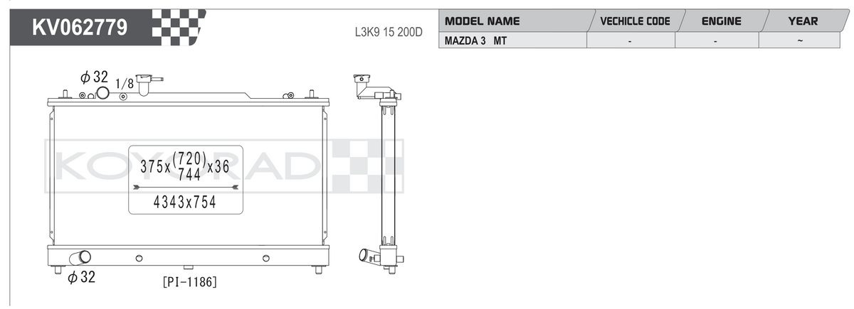 Koyorad KV062779 spec sheet - Mazda 6 / Mazda 3 MT L3K9 15 200D