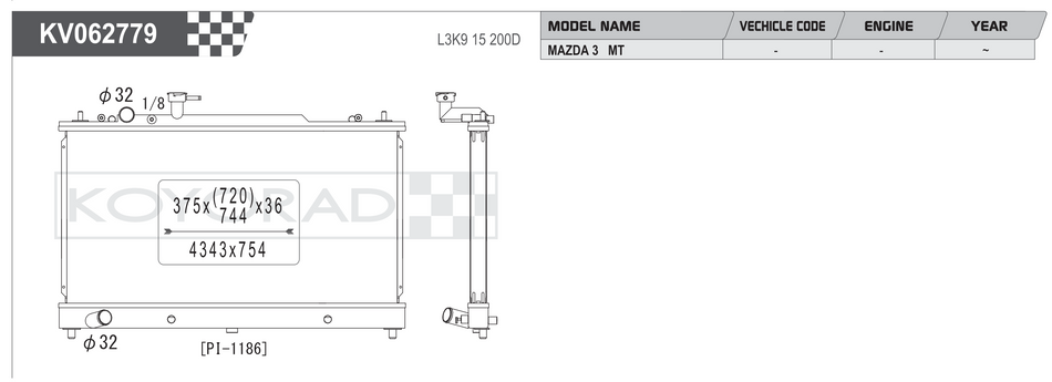 Koyorad KV062779 spec sheet - Mazda 6 / Mazda 3 MT L3K9 15 200D