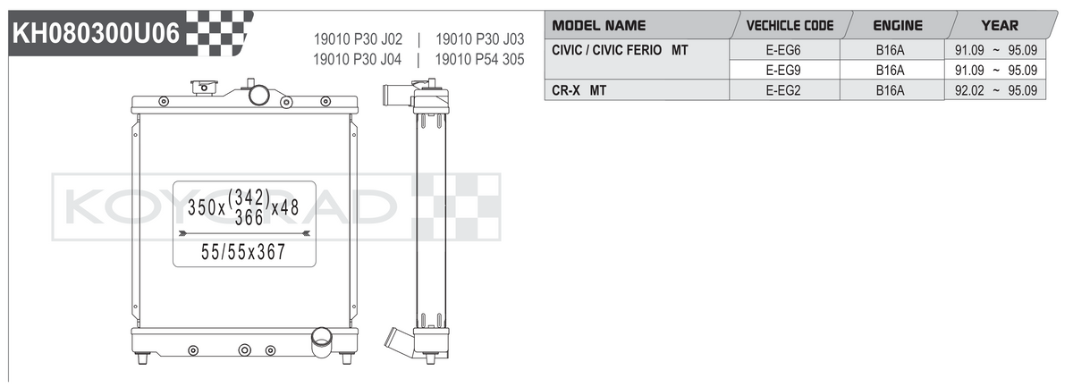 Koyorad KH080300U06 Performance Radiator - Honda Civic EG CR-X B16A MT dimensions diagram