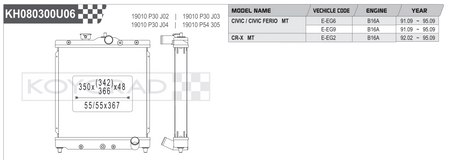 Koyorad KH080300U06 Performance Radiator - Honda Civic EG CR-X B16A MT dimensions diagram