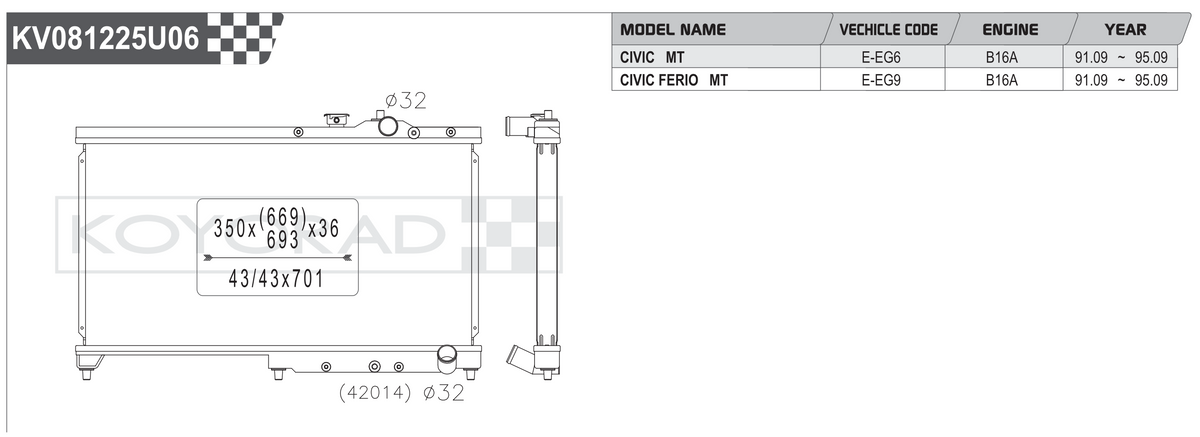 Koyorad KV081225U06 spec sheet - Honda Civic EG6 EG9 B16A MT