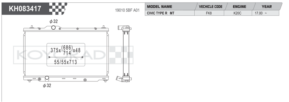Koyorad KH083417 Performance Radiator - Honda Civic Type R FK8 K20C 2017-2021 dimensions diagram