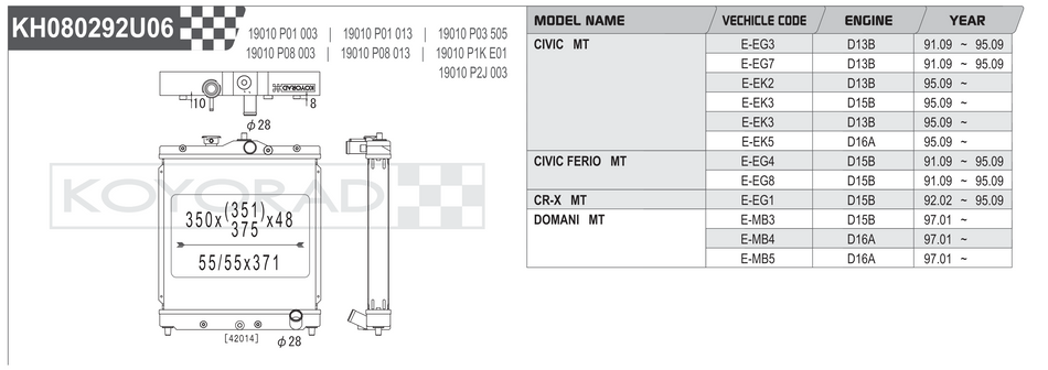 Koyorad KH080292U06 spec sheet - Honda Civic EG EK CR-X Domani MT fitment and dimensions