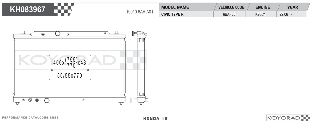 Koyorad KH083967 Performance Radiator - Honda Civic Type R FL5 K20C1 2022+