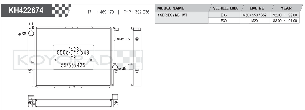 Koyorad KH422674 radiator spec sheet - BMW 3 Series / M3 E36 E30