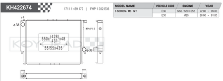 Koyorad KH422674 radiator spec sheet - BMW 3 Series / M3 E36 E30