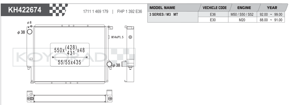 Koyorad KH422674 radiator spec sheet - BMW 3 Series / M3 E36 E30