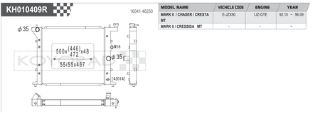 Koyorad KH010409R spec sheet - Toyota Mark II Chaser Cresta JZX90 1JZ-GTE MT fitment and dimensions