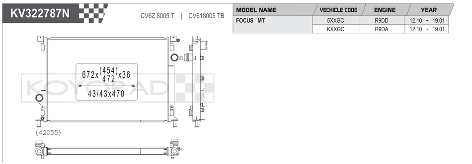 Koyorad KV322787N Performance Radiator - Ford Focus MT 5XXGC KXXGC dimensions diagram