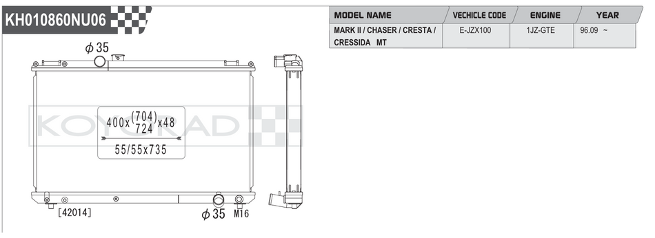 Koyorad Performance Radiator: Toyota Mark II / Chaser / Cresta / Cressida JZX100 1JZ-GTE MT 1996+
