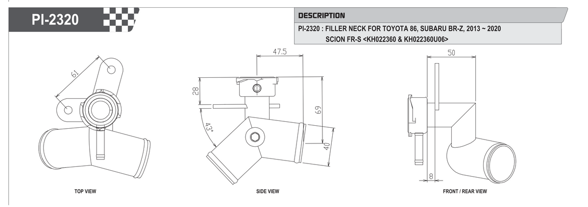 Koyo Racing PI-2320 filler neck spec sheet - dimensions and fitment for Toyota 86, Subaru BRZ, Scion FR-S
