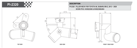 Koyo Racing PI-2320 filler neck spec sheet - dimensions and fitment for Toyota 86, Subaru BRZ, Scion FR-S
