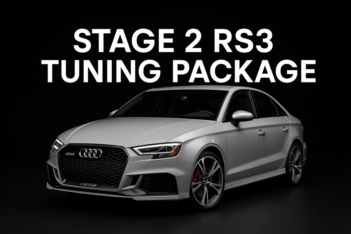 product image of a 2020 rs3 on a black background with the text: Stage 2 RS3 Tuning Package