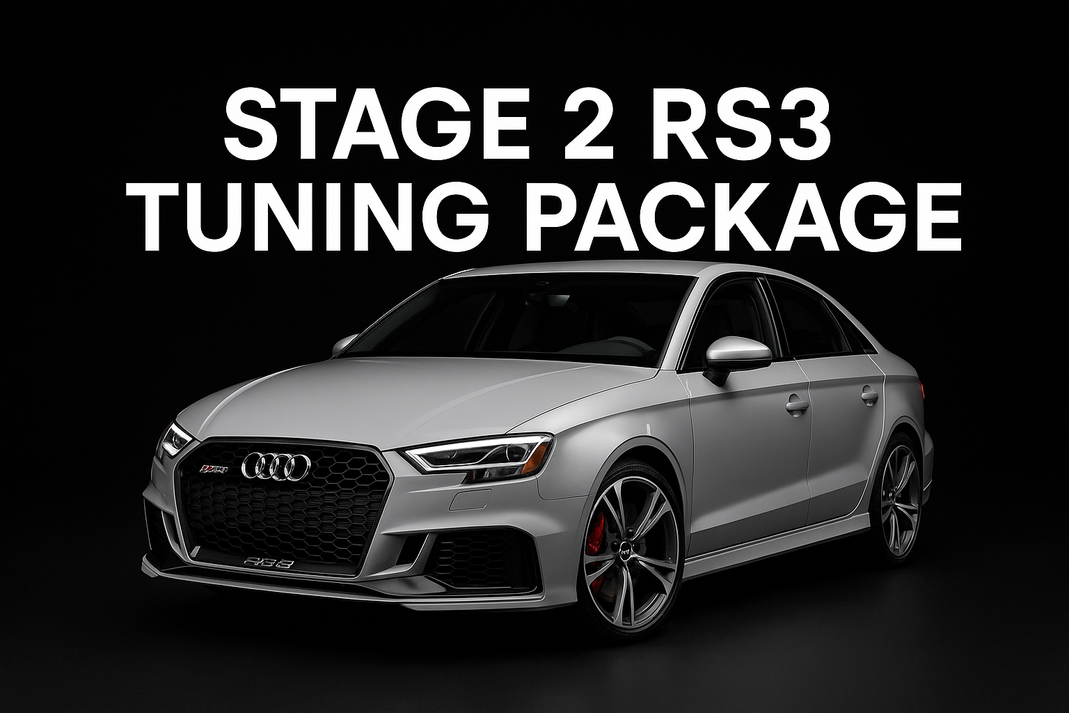 product image of a 2020 rs3 on a black background with the text: Stage 2 RS3 Tuning Package