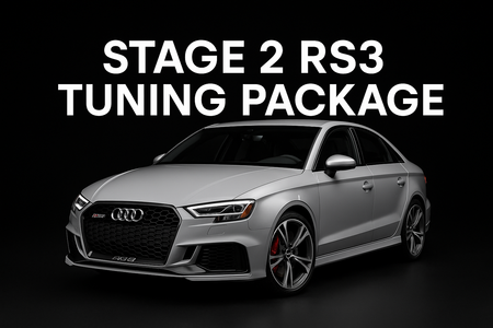 product image of a 2020 rs3 on a black background with the text: Stage 2 RS3 Tuning Package
