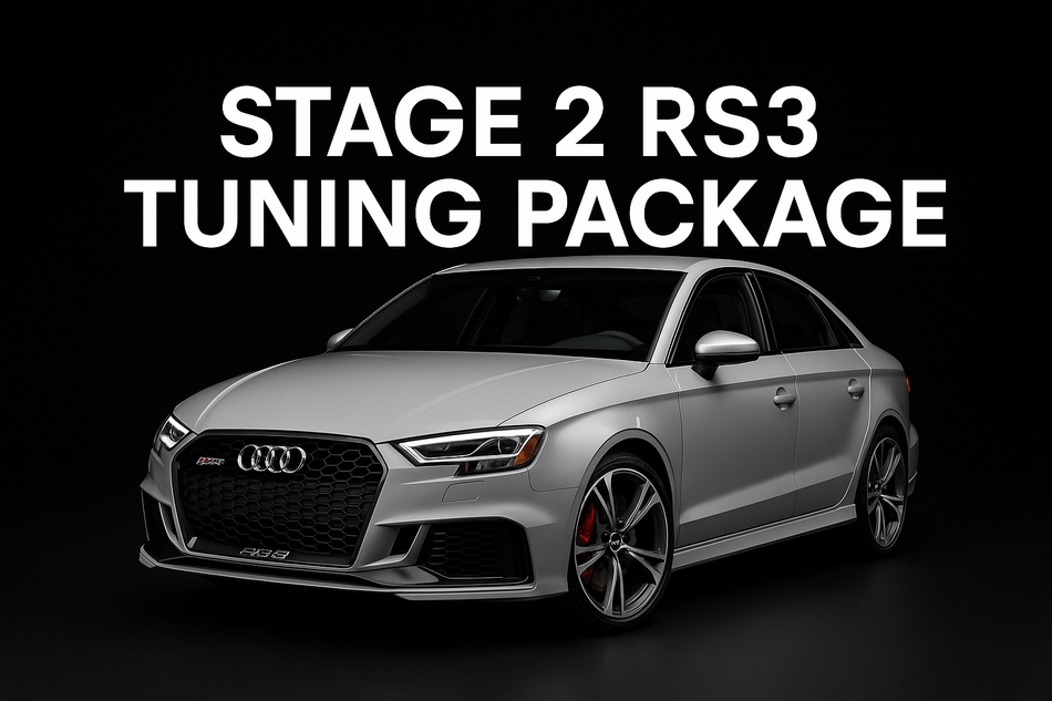 product image of a 2020 rs3 on a black background with the text: Stage 2 RS3 Tuning Package
